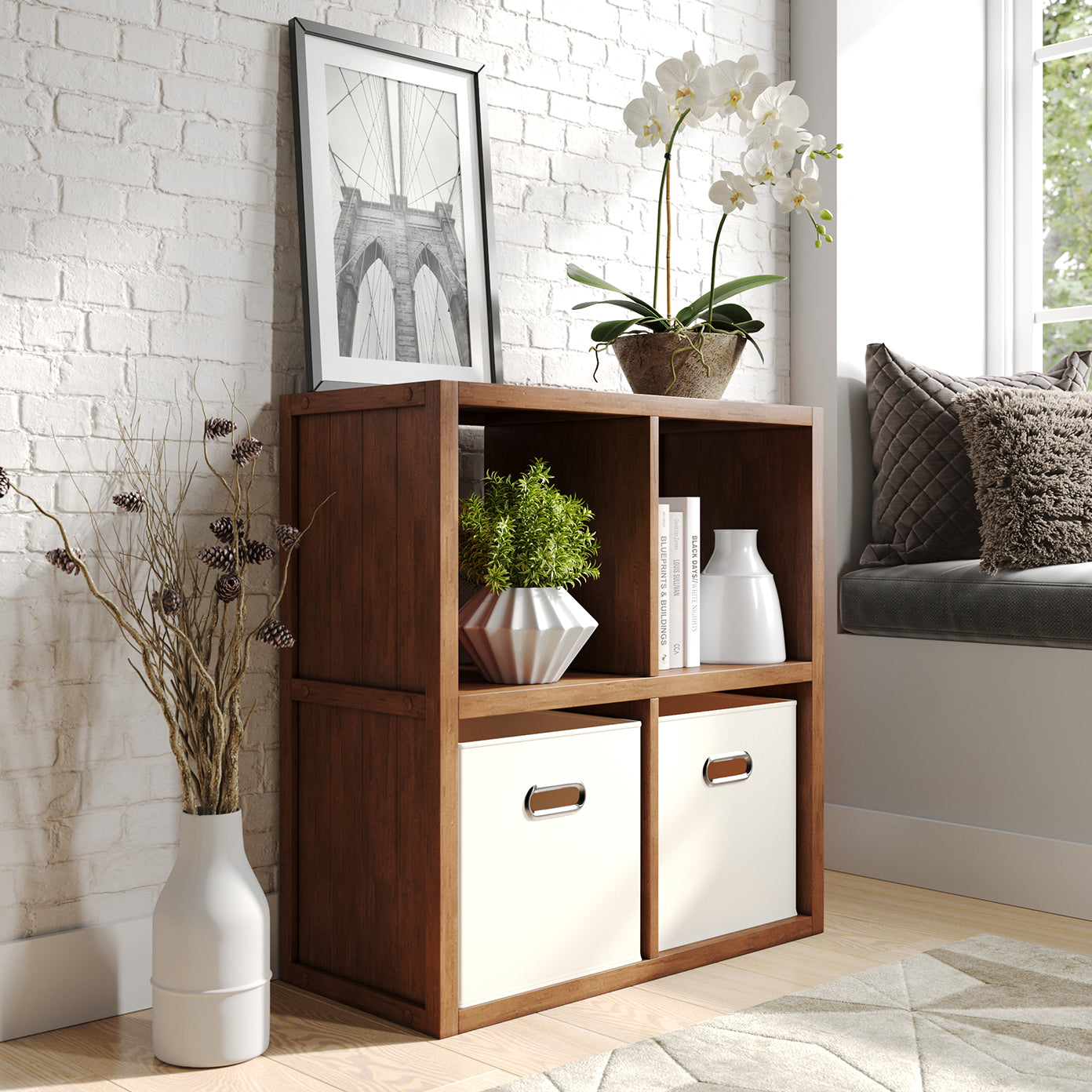 chestnut 4 cube organizer in living room