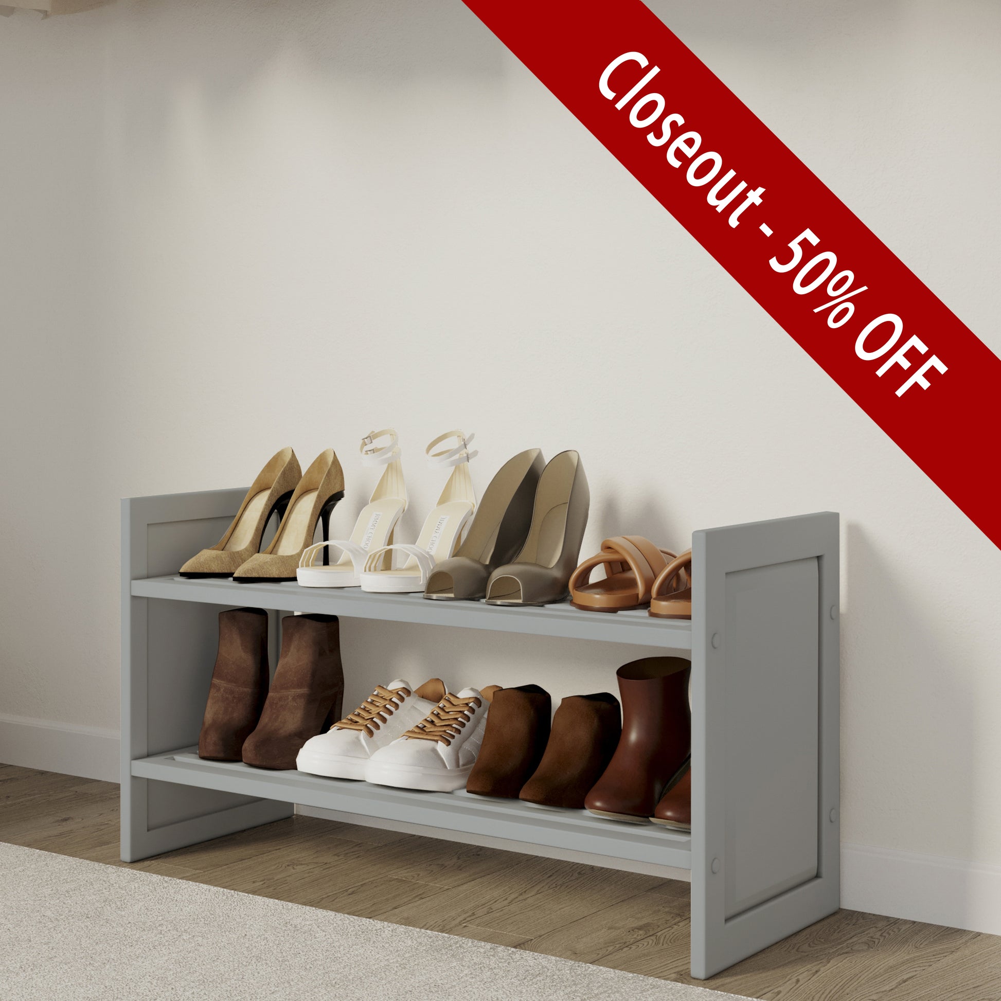 grey shoe rack placed in bedroom closet