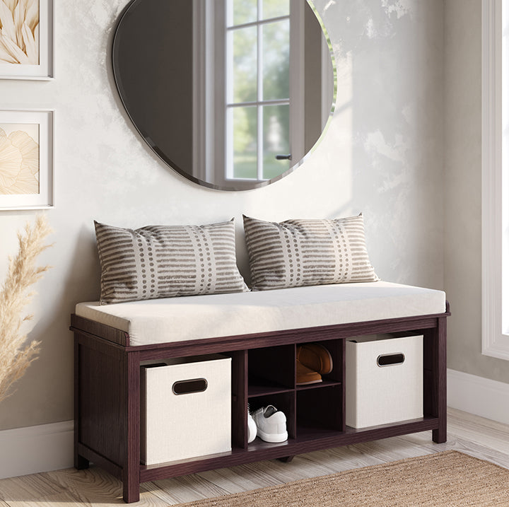 Espresso finished entryway bench with cubby and shoe storage placed in front entryway foyer 