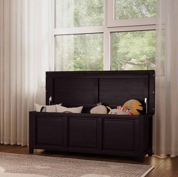 espresso finished open top storage bench placed under window filled with kids toys