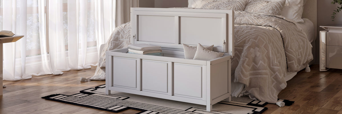 white open top bench at end of bend in master bedroom