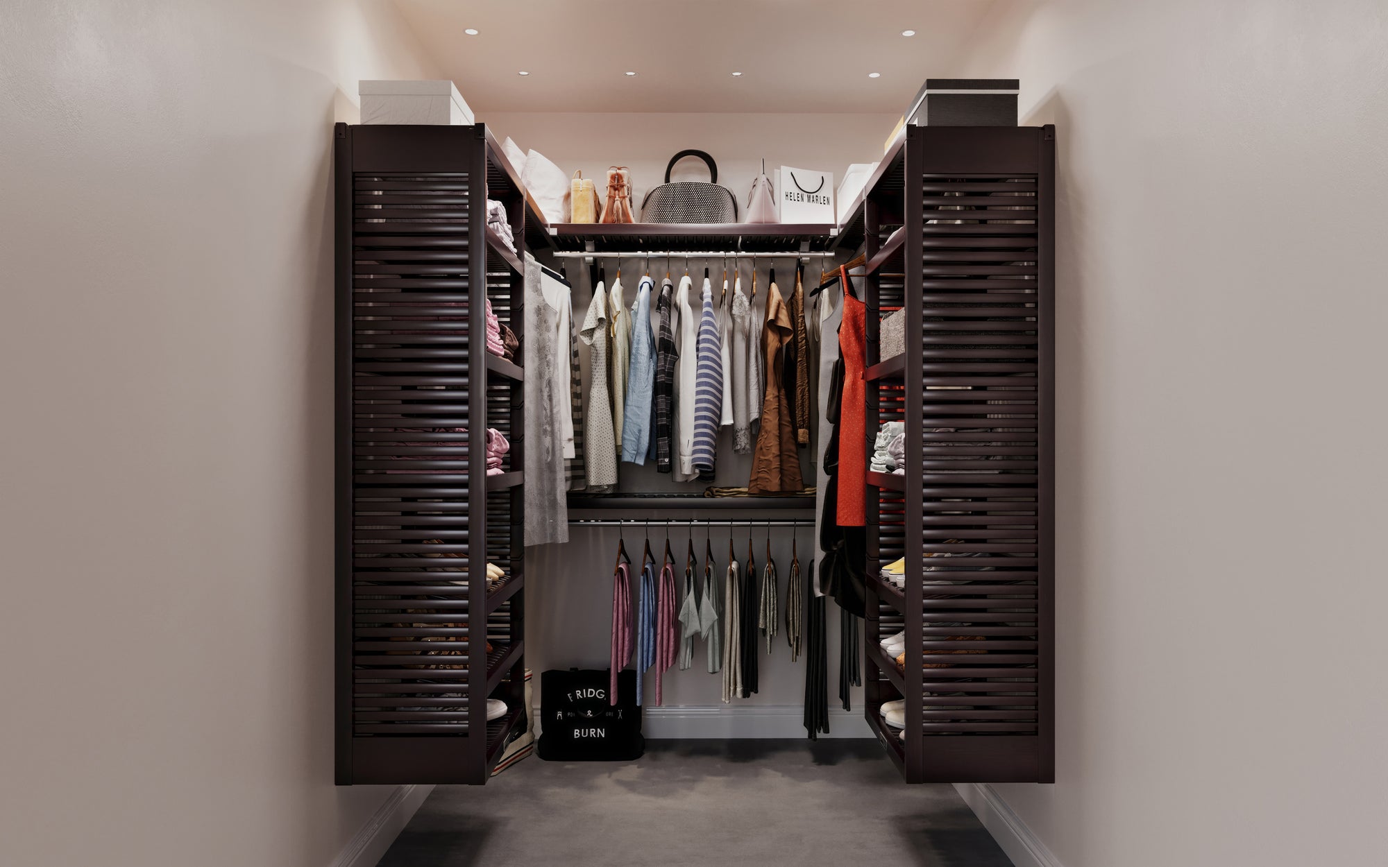 espresso small walk in closet design with towers and shelves