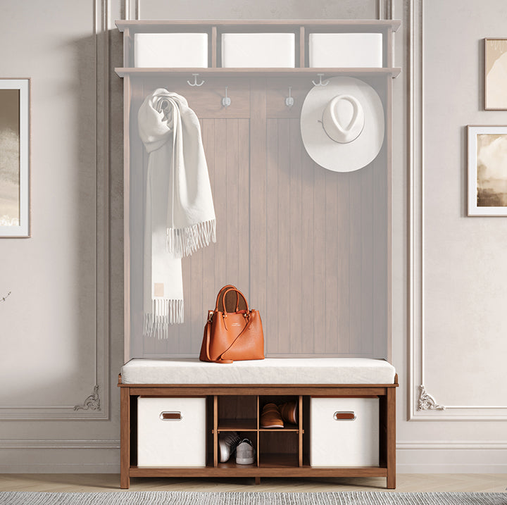 image of the John Louis Home hall tree highlighting the removable hall tree back storage use as a bench only