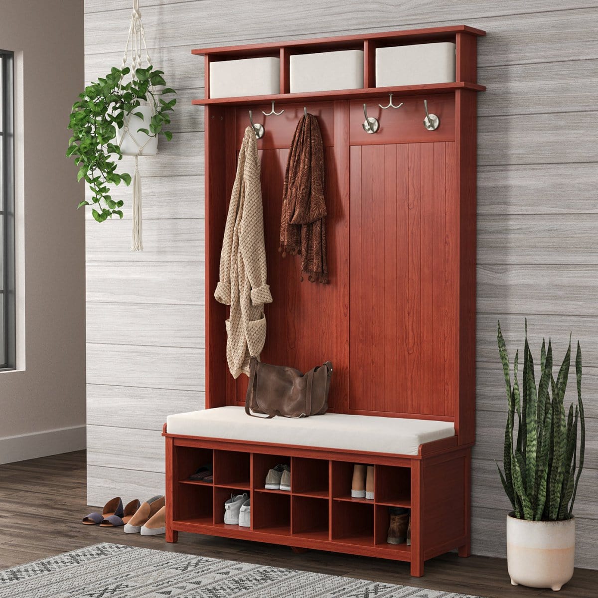 Solid Wood Hall Tree Shoe Bench - John Louis Home - Hall Trees