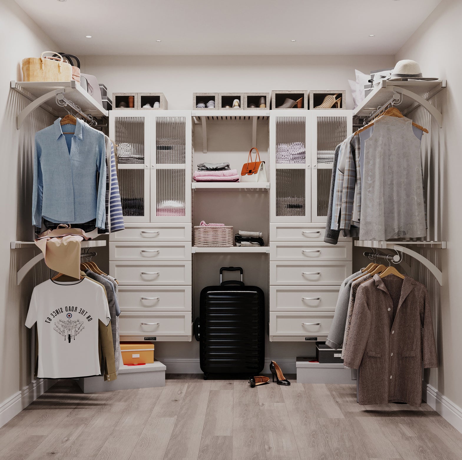 white medium sized walk in closet design with doors and drawers and shelves