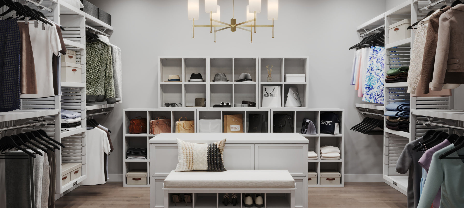 white walk in closet with closet system cube storage benches and island
